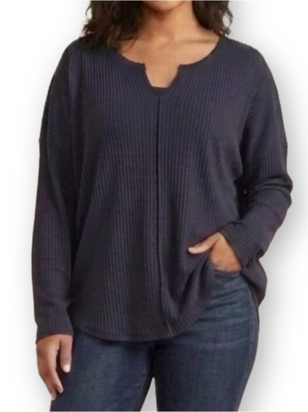 Aeropostale Women’s XL Navy Blue Ribbed Knit Henley V-Neck Long Sleeve Shirt